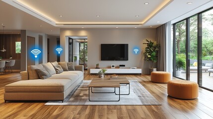 Modern living room with smart technology and wooden floors