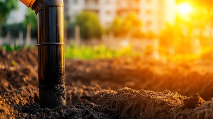 Obraz premium Irrigation pipe in soil during sunset, highlighting agricultural innovation and sustainability.