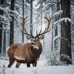 A majestic deer with large antlers standing in a snowy forest, against a pure white background.