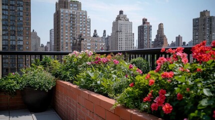 Fototapeta premium Vibrant Rooftop Garden with City Skyline in Bright Daylight