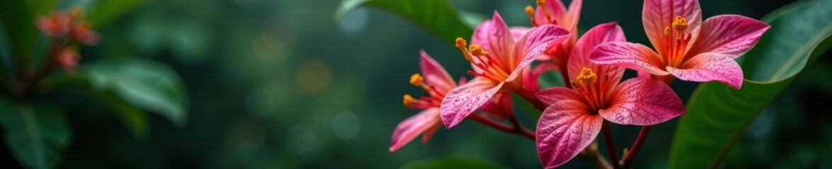 Fototapeta premium Close-up of rain-soaked heliconia and orchids , plant, yellow