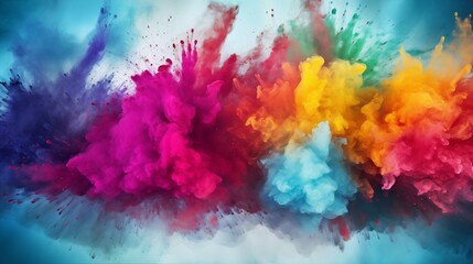 Fototapeta premium Holi festival with colorful powder in the air, soft natural light, light background with space on the right side of the frame,generative ai illustration
