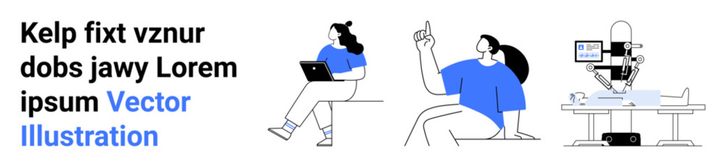 Three people in various work-related activities with robots and technology. Ideal for teamwork, collaboration, modern workspace, technology integration, robotics, productivity. Landing page