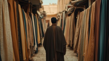 Naklejka premium Man Walking Through Colorful Textile Market in Historic City
