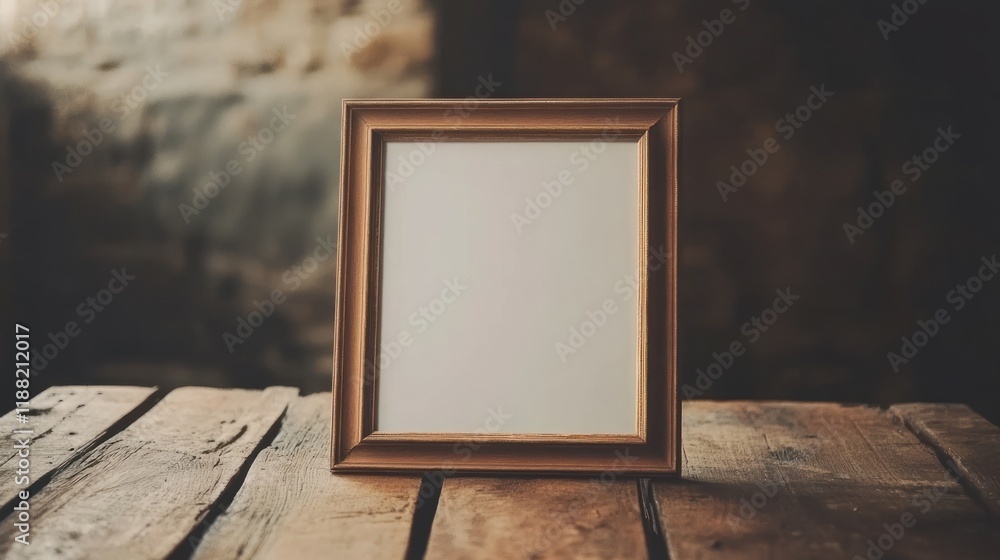 Poster Empty wooden frame rests on rustic wooden table