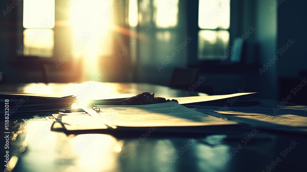 Poster sunlit documents resting on a table near a window