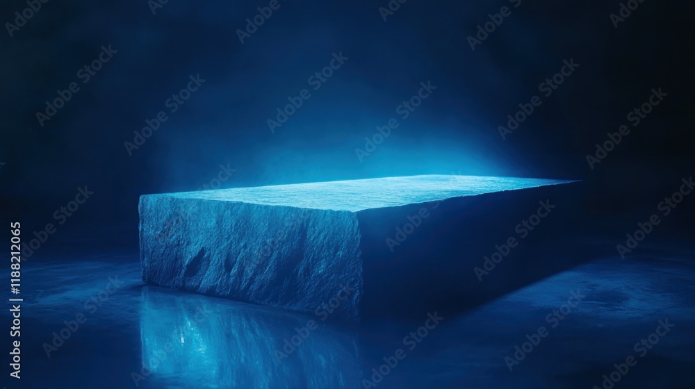 Poster blue illuminated stone block platform dark background