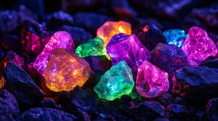 Vibrant multicolored glowing gemstones on dark background