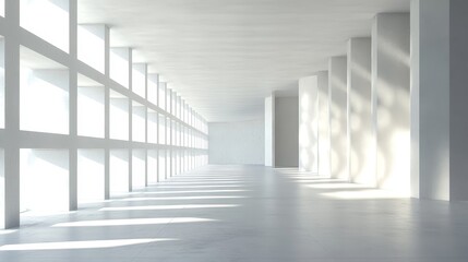 Sunlit modern white hallway with large windows.