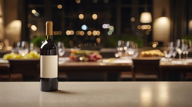 Elegant wine bottle on a countertop with a blurred dining setting, showcasing a warm and inviting ambiance.
