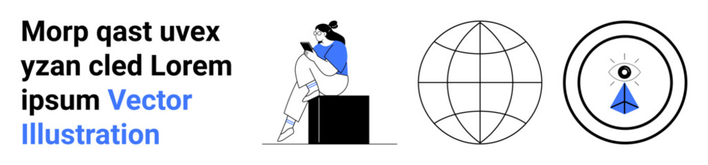 Person sits and reads on smartphone, adjacent to a globe wireframe and pyramid with eye inside a circle. Ideal for communication, technology, global reach, knowledge, surveillance, spirituality