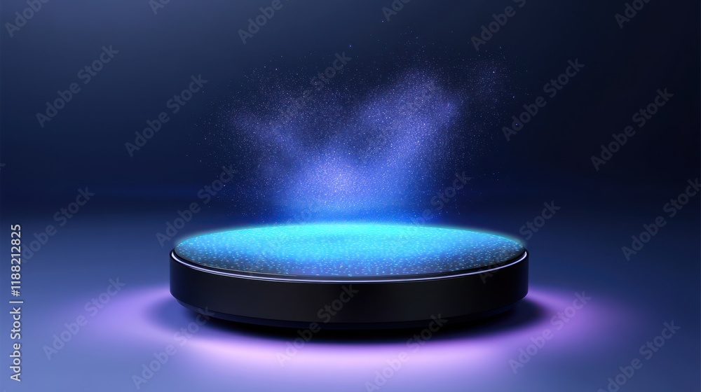 Poster illuminated circular platform with ethereal blue dust