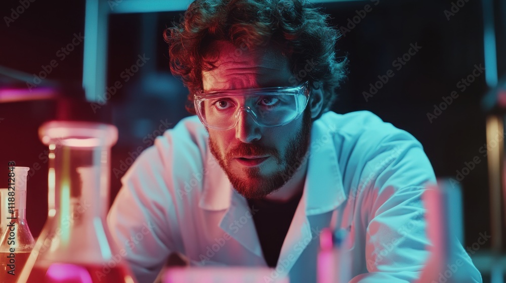 Poster scientist studying chemicals in laboratory setting