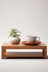 Minimalist wooden table featuring a plant and a mug for a cozy and modern aesthetic.