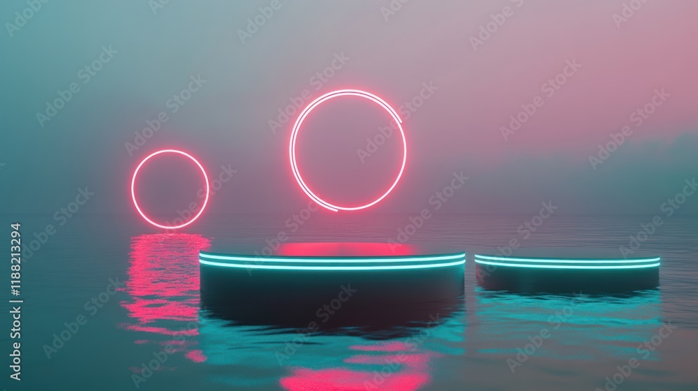 Poster neon circles above platforms floating on water