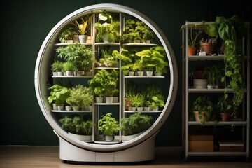 Modern indoor garden featuring a circular design with lush green plants on display in a stylish setting.