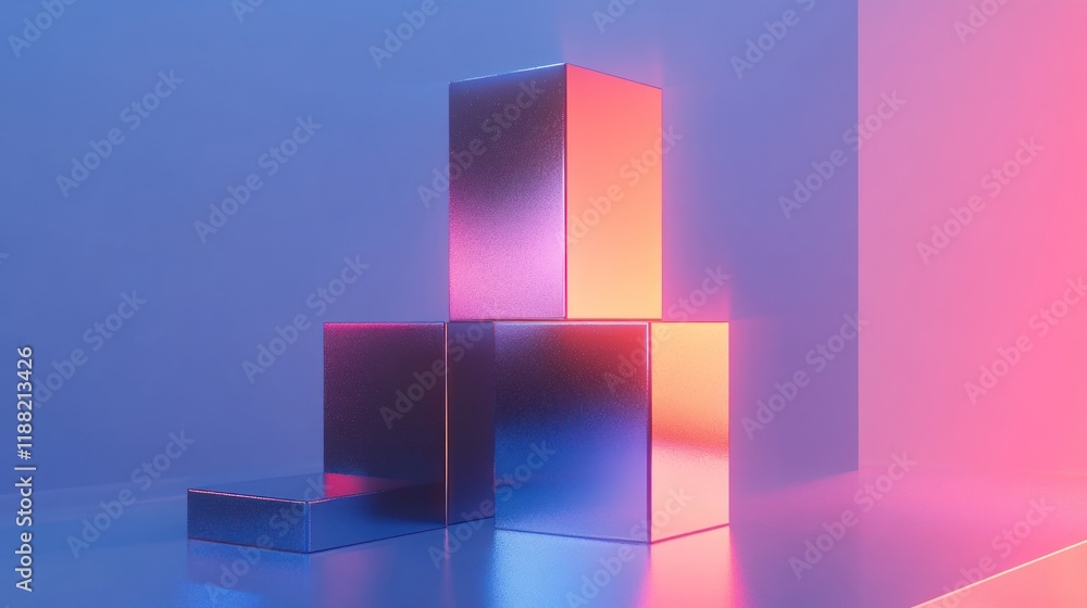 Poster abstract metallic cubes illuminated by neon lights
