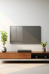 Modern living room with a sleek TV, stylish furniture, and vibrant plants creating a cozy atmosphere.
