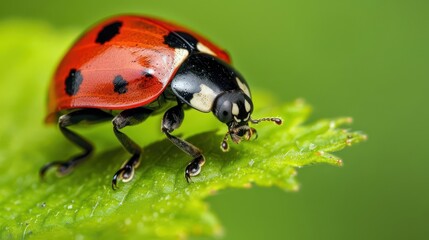 Obraz premium A close-up of a vibrant ladybug resting on a green leaf, showcasing its distinctive red and black coloration.