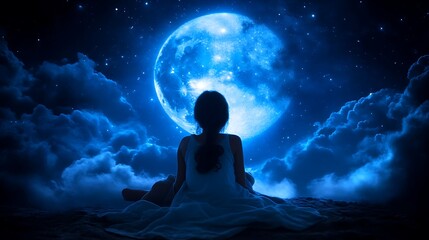 Obraz premium Girl Silhouetted Against a Large Blue Moon and Starry Night Sky