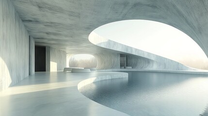 Modern concrete architecture with indoor pool and natural light.