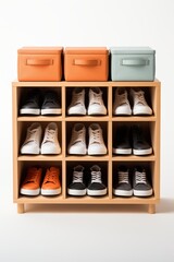 Organized shoe rack displaying various sneakers with colorful storage boxes above for stylish home decor.