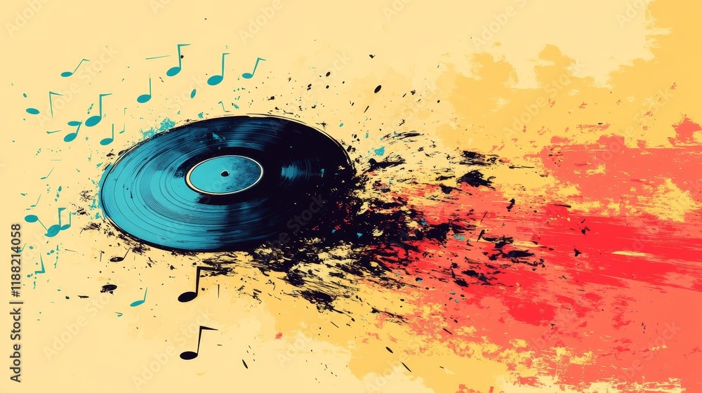 Poster exploding vinyl record with musical notes and colorful abstract background