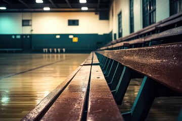 Fototapeta premium Wooden benches lined along the gymnasium of a community sports center in the late afternoon light