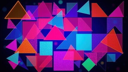 Obraz premium Abstract Geometric Design with Overlapping Triangles and Squares in Vibrant Colors on a Dark Background