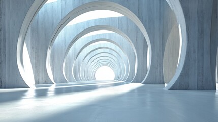 Abstract concrete architectural tunnel with arches and light.
