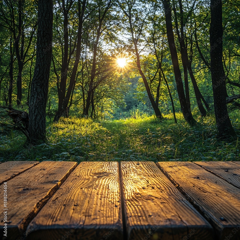 Poster sunlight streams through trees in a forest, illuminating a wooden deck in the foreground creating a 
