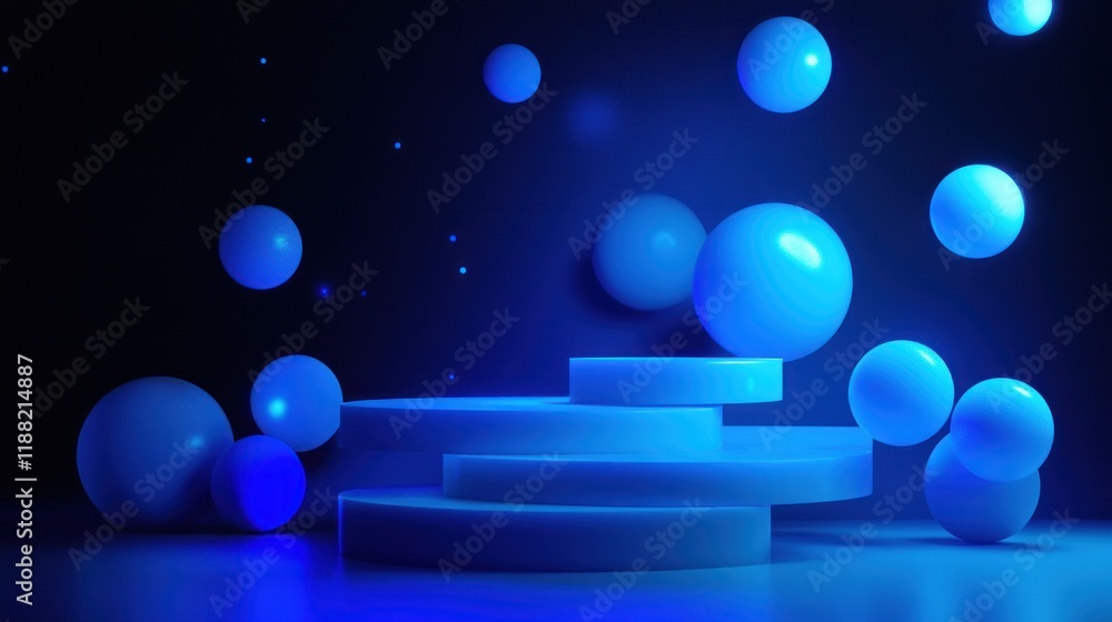 Poster Blue spheres hover above a layered circular platform