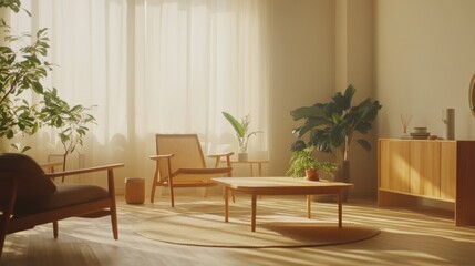 Sunlit Living Room With Wooden Furniture And Plants