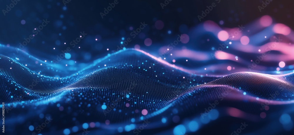 Poster abstract digital waves with glowing particles, vibrant blue and pink colors, creating a mesmerizing 