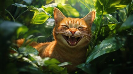 Ginger feline grins amidst verdant surroundings.