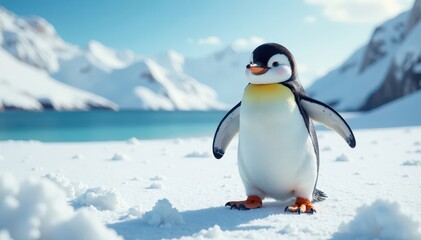 Obraz premium Happy penguin waddling on snow with big smile, graphic, animal