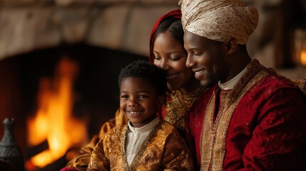 Fototapeta premium Warm Family Portrait by the Fire in Traditional Cultural Attire
