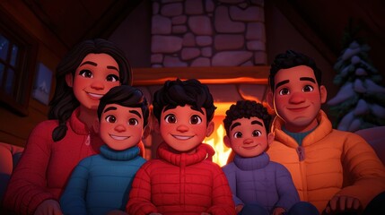 Happy Family Gathering by the Cozy Fireplace in a Cabin