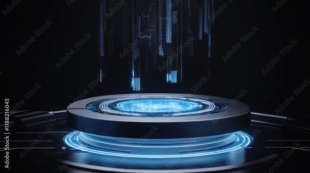 Poster futuristic platform with blue digital data stream