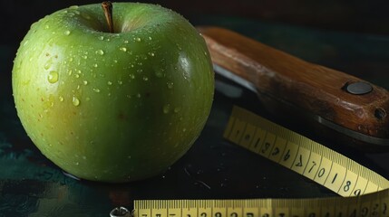 A fresh green apple with droplets of water sits on a white background,