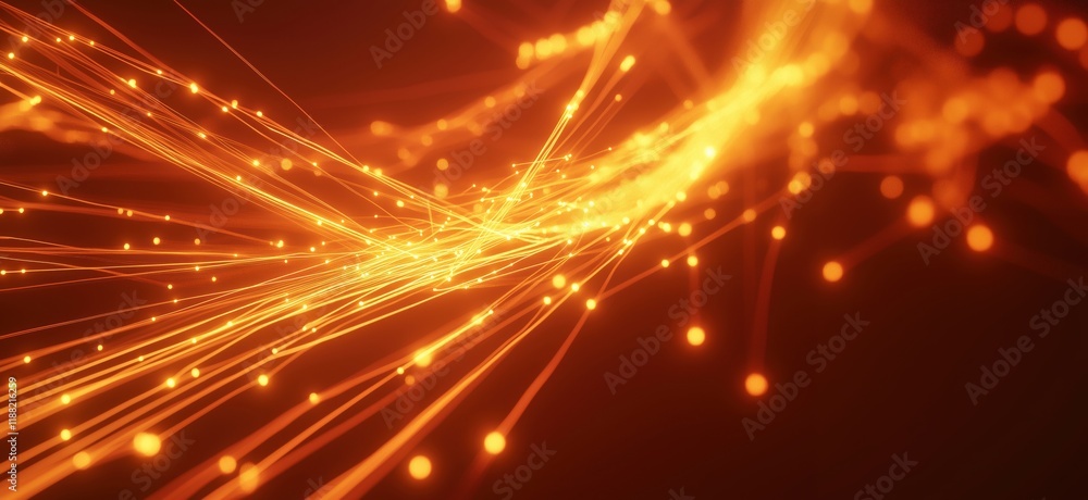 Poster dynamic orange light trails with glowing particles creating a vibrant abstract background, copy spac