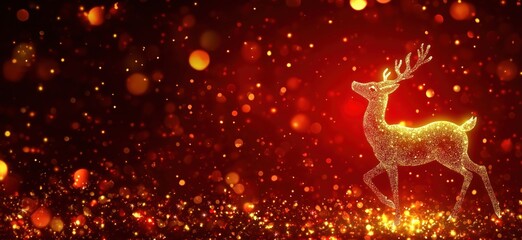 Glittering golden reindeer silhouette against sparkling red background, festive holiday spirit, Christmas decoration, winter wonderland, copy space for text
