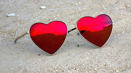 Heart shaped sunglasses with reflective red lenses on sandy beach