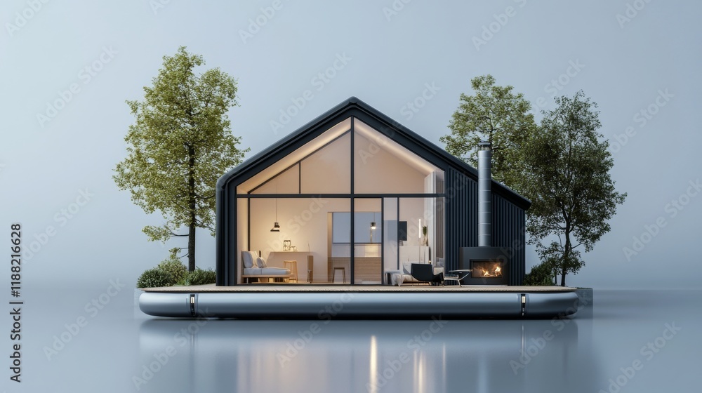 Poster isolated 3d rendering of a small, modern house on a gray background with the ability to remove the b