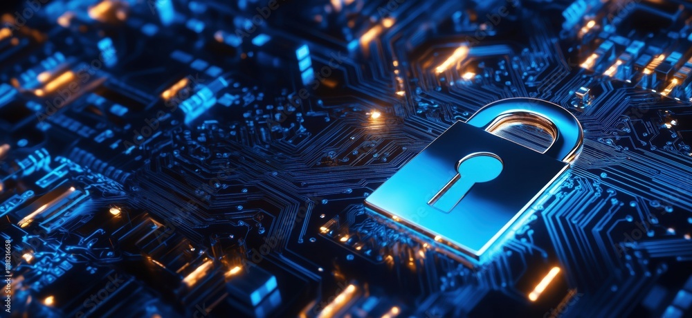 Poster digital lock symbolizing cybersecurity on circuit board background with blue and orange lights, copy