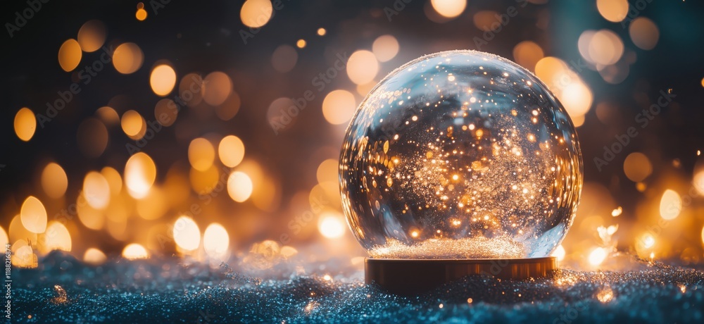 Poster magical glass globe capturing shimmering lights and sparkles, surrounded by a dreamy bokeh backgroun