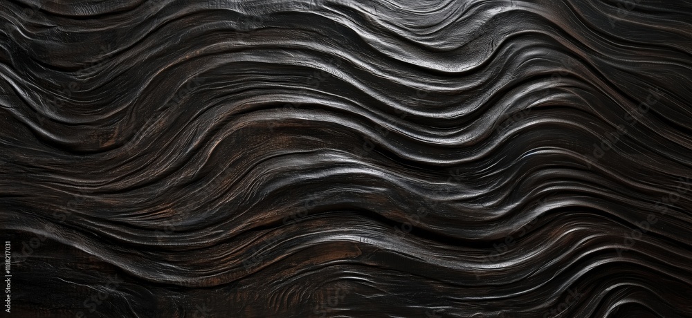 Poster textured black wood surface with flowing wave patterns, showcasing intricate design and craftsmanshi