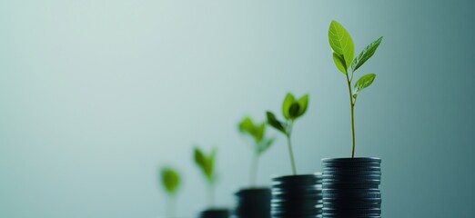 Investment Growth Symbolized by Green Plants Emerging from Stacks of Coins, Representing Financial Prosperity and Sustainability, copy space for text