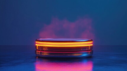Neon Lit Cylindrical Platform with Pink Haze