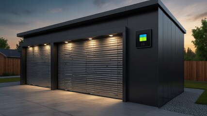 Fototapeta premium Concept of a home battery packs alternative electric energy storage system at modern home garage wall as backup or sustainable energy concepts.